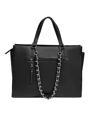 Interior de la tote bag negra mostrando compartimentos organizadores, perfecta para llevar lo esencial.