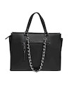 Interior de la tote bag negra mostrando compartimentos organizadores, perfecta para llevar lo esencial.