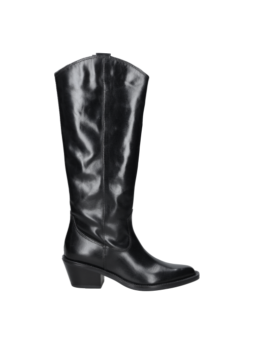 Botas altas de cuero negro para mujer, con taco bloque de 6 cm y punta redonda, estilo casual.