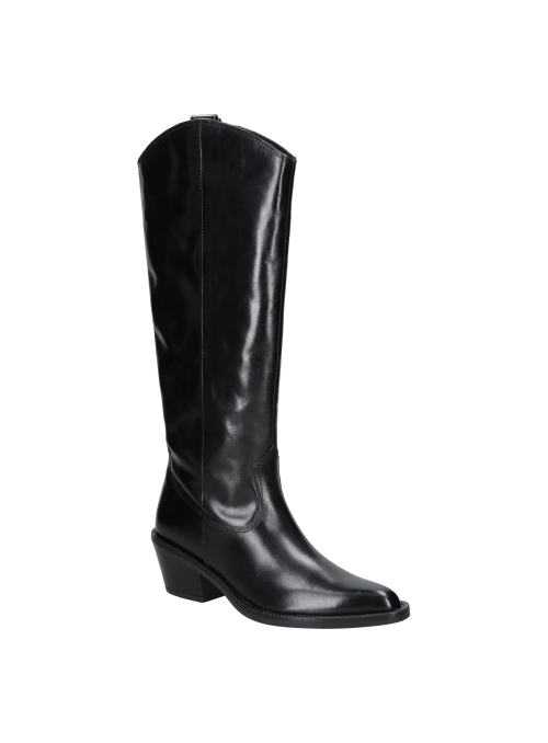 Botas altas de cuero negro para mujer, con taco bloque de 6 cm y punta redonda, estilo casual.