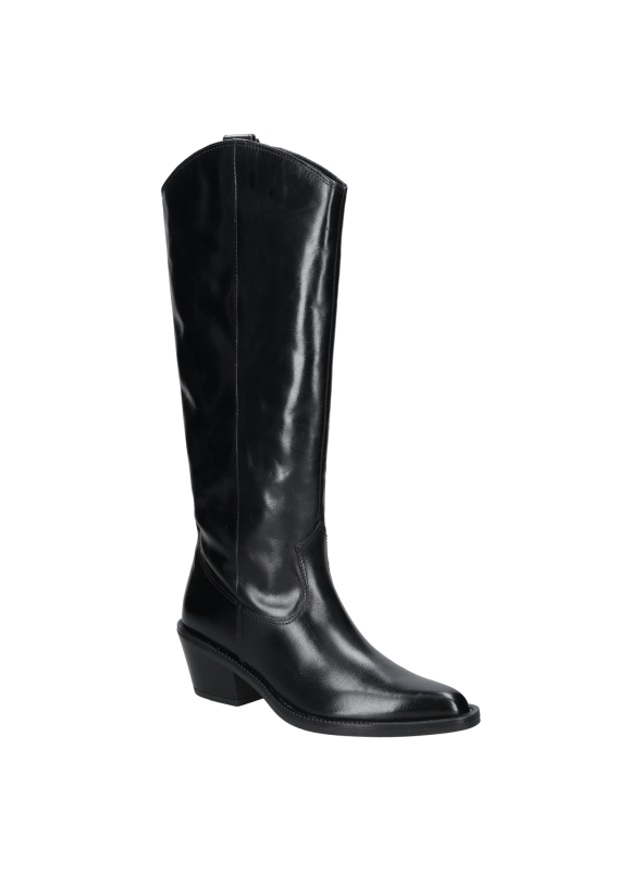 Botas altas de cuero negro para mujer, con taco bloque de 6 cm y punta redonda, estilo casual.