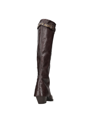 Bota vaquera de mujer en cuero moreno oscuro con acabado encerado, estilo contemporáneo y rebelde.