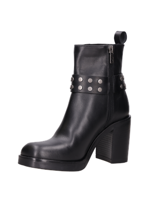 Botín negro de cuero liso para mujer, estilo casual, con correas y tachas metálicas.