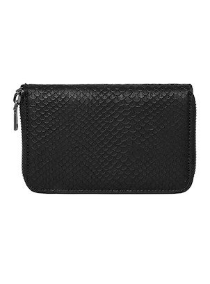 Billetera negra mujer con diseño rectangular y esquinas redondeadas, perfecta para llevar tarjetas.
